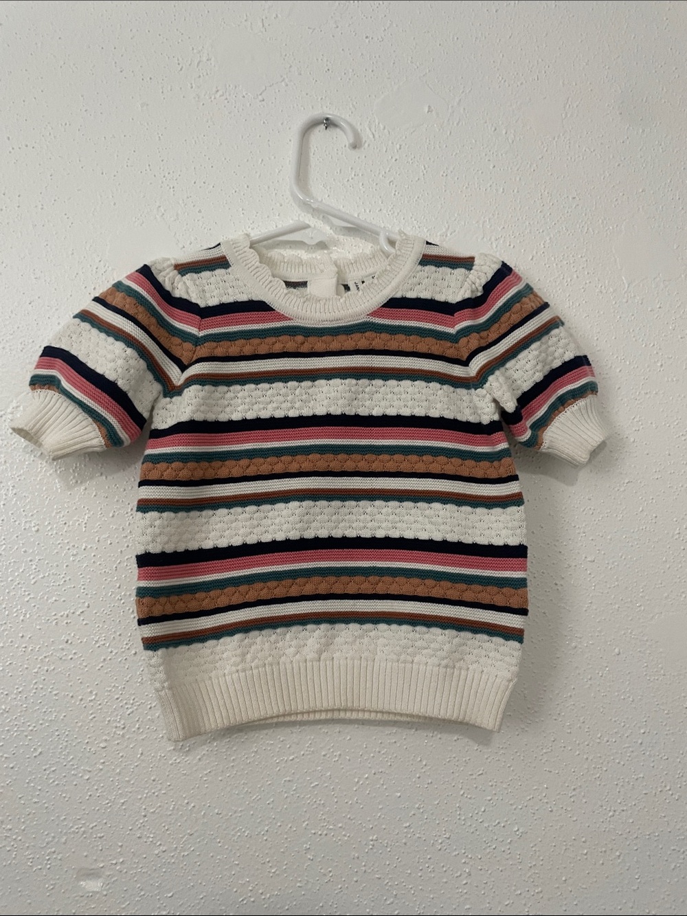 Janie and Jack Cream Short-Sleeve Sweater with Navy, Pink, Tan & Green Stripes